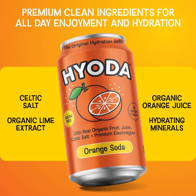 HYODA Orange Soda, Gluten Free and Vegan Sparkling Electrolyte Drink, Made with Organic Orange Juice, Celtic Salt, and Calcium, Keto, Zero Sugar