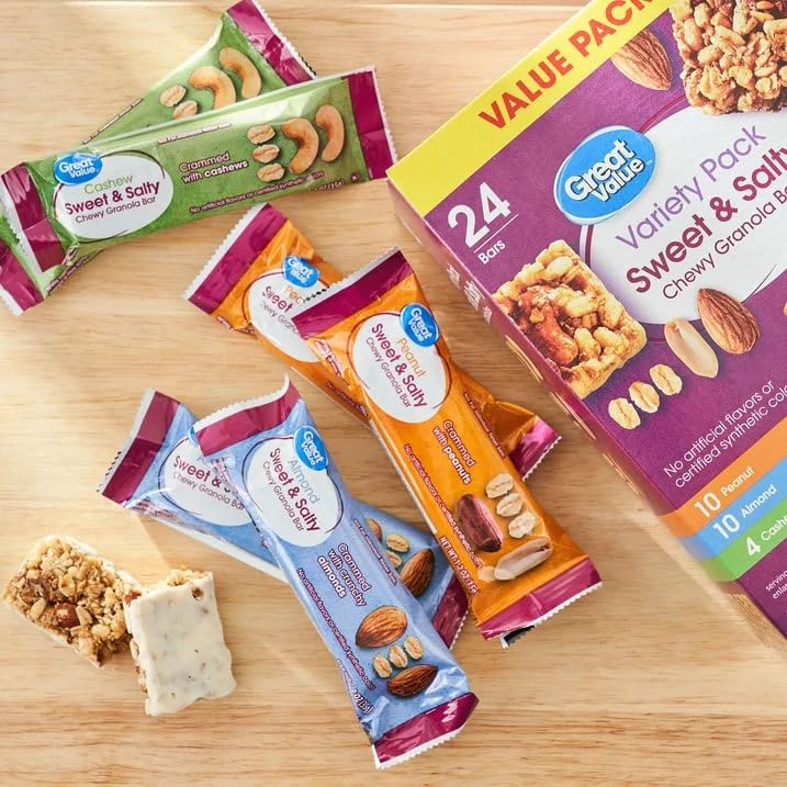Great Value Sweet & Salty Chewy Granola Bars, Variety Pack, Peanut, Almond, Cashew, 1.2 oz Bars, 24 Count, Pack of 2, 48 Bars Total