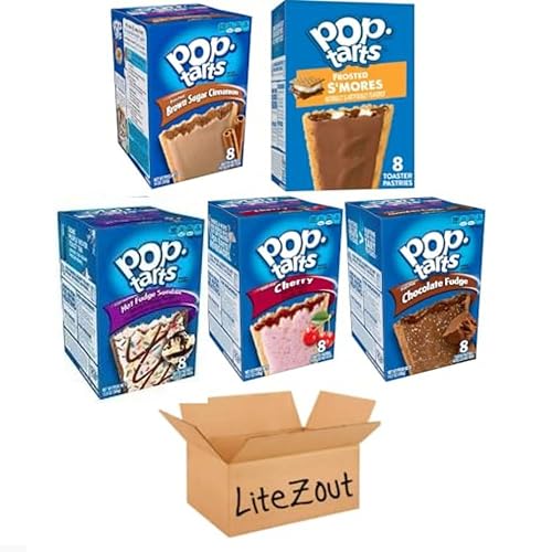 Pop Tarts Frosted Toaster Pastries, Brwn Sugar Cinnamon, Choc. Fudge, Smores, Frosted Hot Fudge Sundae, Cherry, 13.5 Ounce (Pack of 5), by Litezout