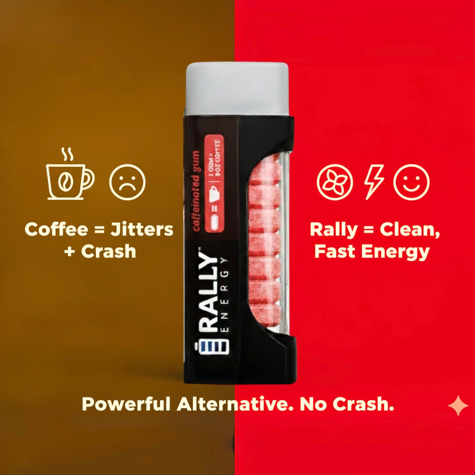 Rally Energy Caffeine Gum, Sugarless Gum with 60 mg of Caffeine for Fast-Acting Energy, Stay Alert, Long-Lasting, Variety Pack, Natural Cinnamon