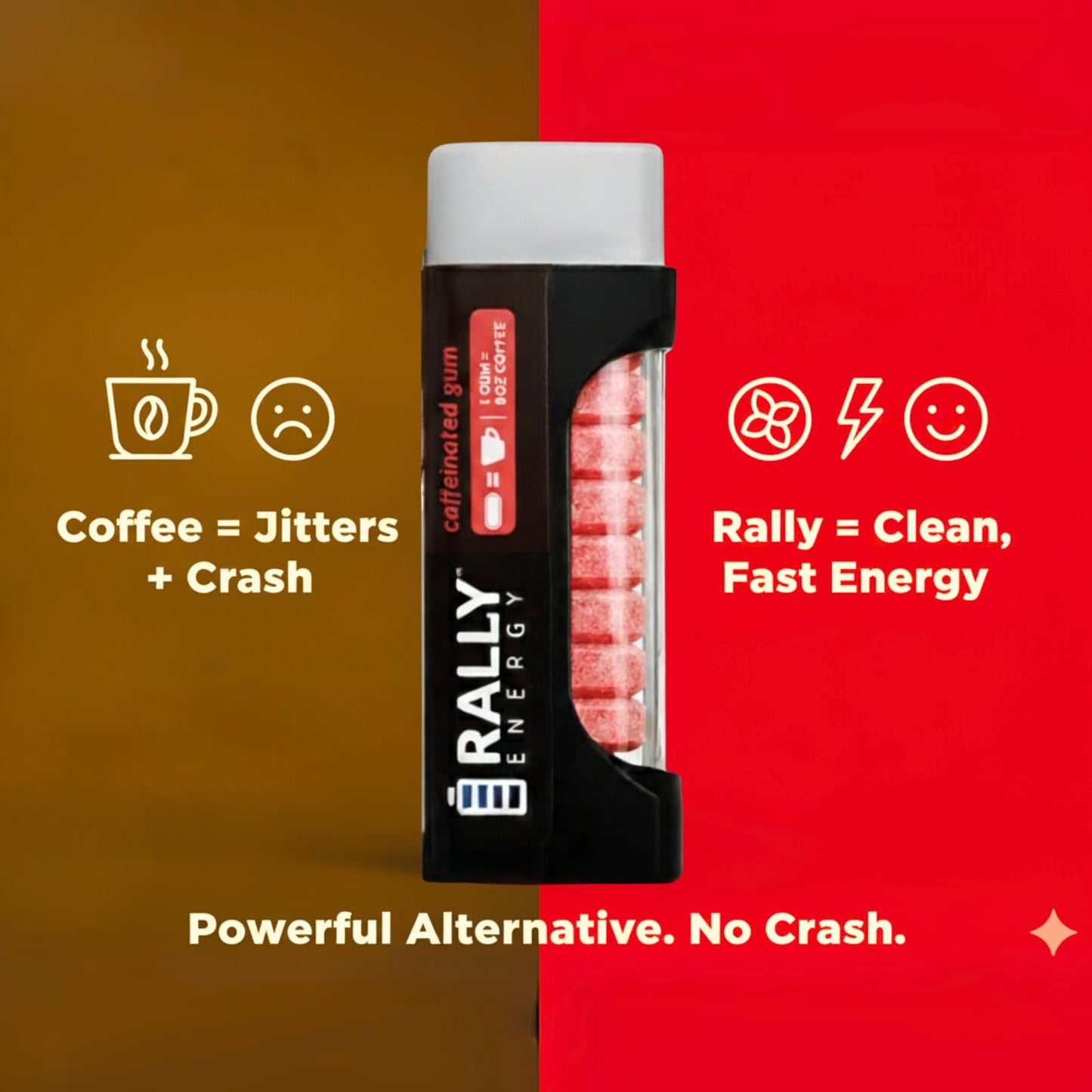 Rally Energy Caffeine Gum, Sugarless Gum with 60 mg of Caffeine for Fast-Acting Energy, Stay Alert, Long-Lasting, Variety Pack, Natural Cinnamon (6