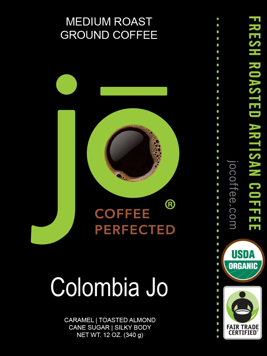 Colombia Jo: 12 oz, Organic Ground Gourmet Coffee, Medium Roast, Creamy Body, Fair Trade Certified, USDA Certified Organic, 100% Arabica, NON-GMO