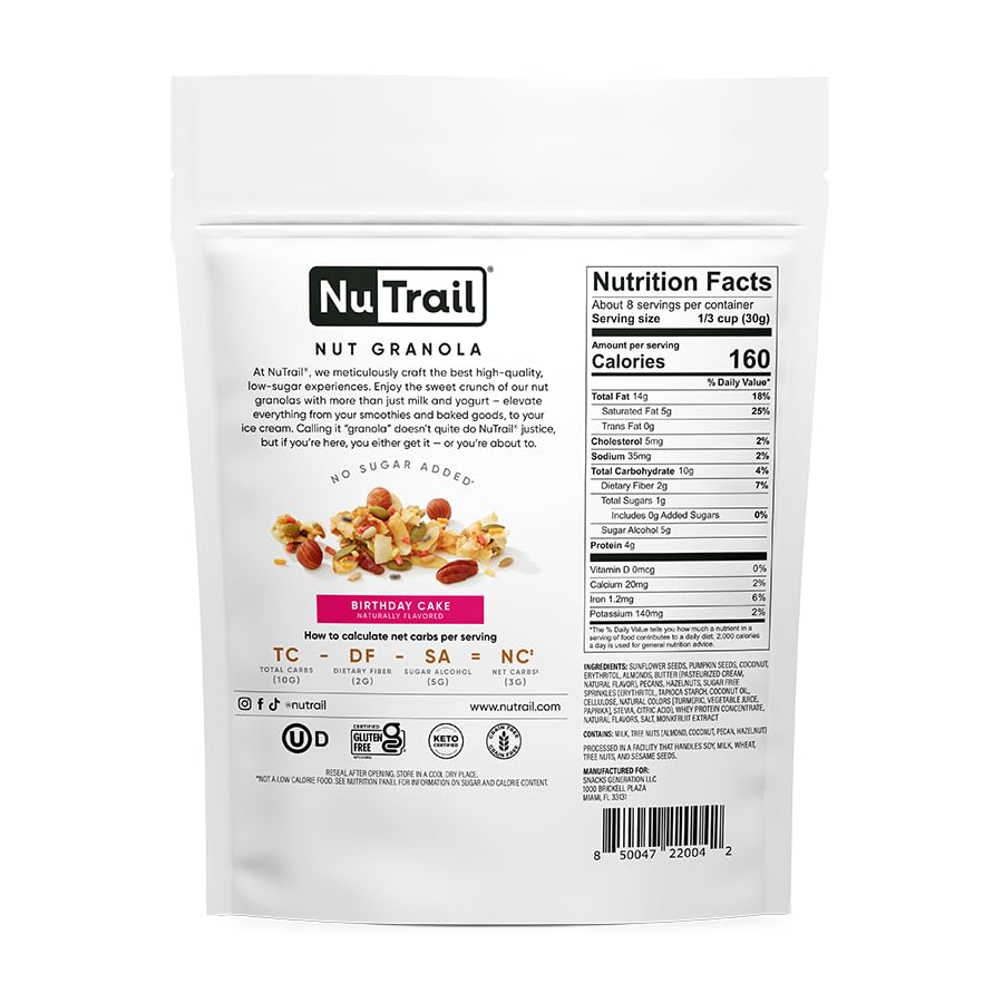 NuTrail Nut Granola Cereal, Birthday Cake, No Sugar Added, Keto, Low Carb, Gluten Free, Grain Free, Healthy Breakfast 8 oz. 1 Count