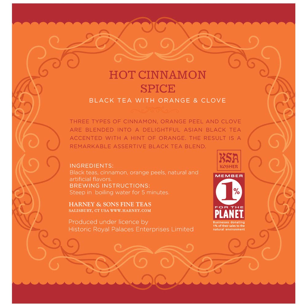 Harney & Sons Hot Cinnamon Spice Tea | Tin of 30 Sachets of Spicy Black Tea with Orange Peel