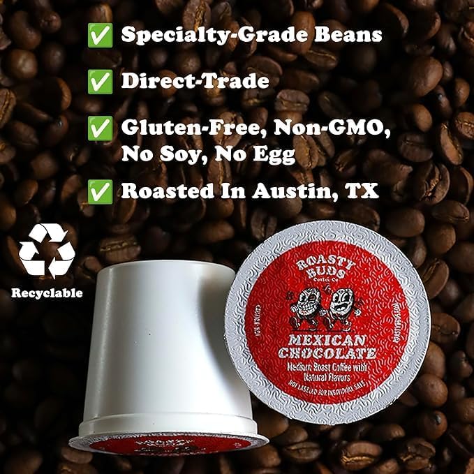 Roasty Buds Coffee Mexican Chocolate & Minty Chocolate Chip Pods 24 Count | Single-Serve 11g Per Pod | Recyclable, Gluten-Free, Non-GMO, No