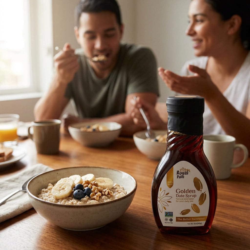 Royal Palm Golden Date Syrup (12oz) - 100% Pure Date Molasses, Natural Sugar Substitute, No Added Sugar, Vegan, Non-GMO, Gluten-Free, Healthy Sweetener for Coffee, Baking & Pancakes