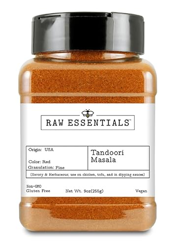 Raw Essentials Tandoori Masala Spice Blend - Savory & Herby - Use on Chicken, Tofu, and Dipping Sauces - Gluten Free, Vegan, Non-GMO - 9 Ounce Bottle