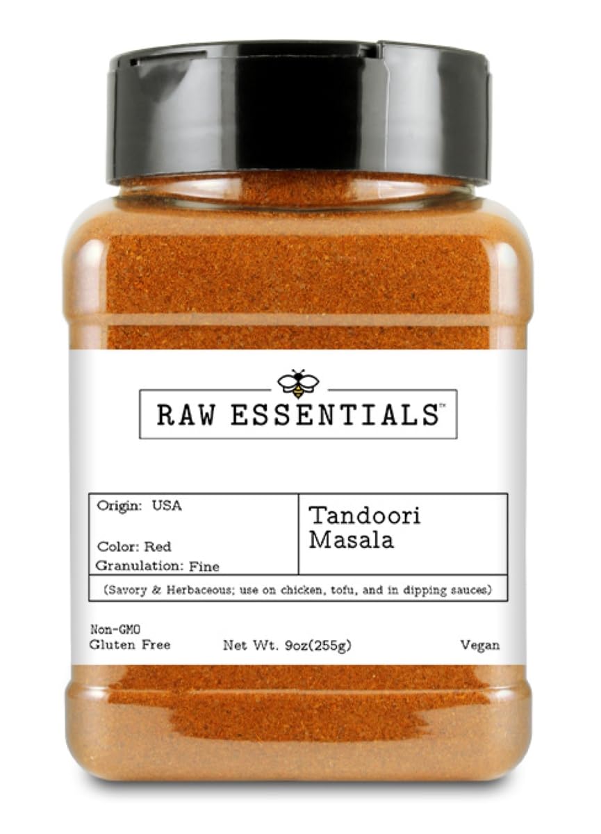 Raw Essentials Tandoori Masala Spice Blend - Savory & Herby - Use on Chicken, Tofu, and Dipping Sauces - Gluten Free, Vegan, Non-GMO - 9 Ounce Bottle