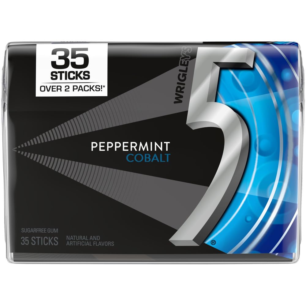 5, Gum Peppermint Cobalt Summer Travel Sugar Free Chewing Gum Refreshing Invigorating Minty Flavor Five Gum, 35 Stick Pack, 35 Count