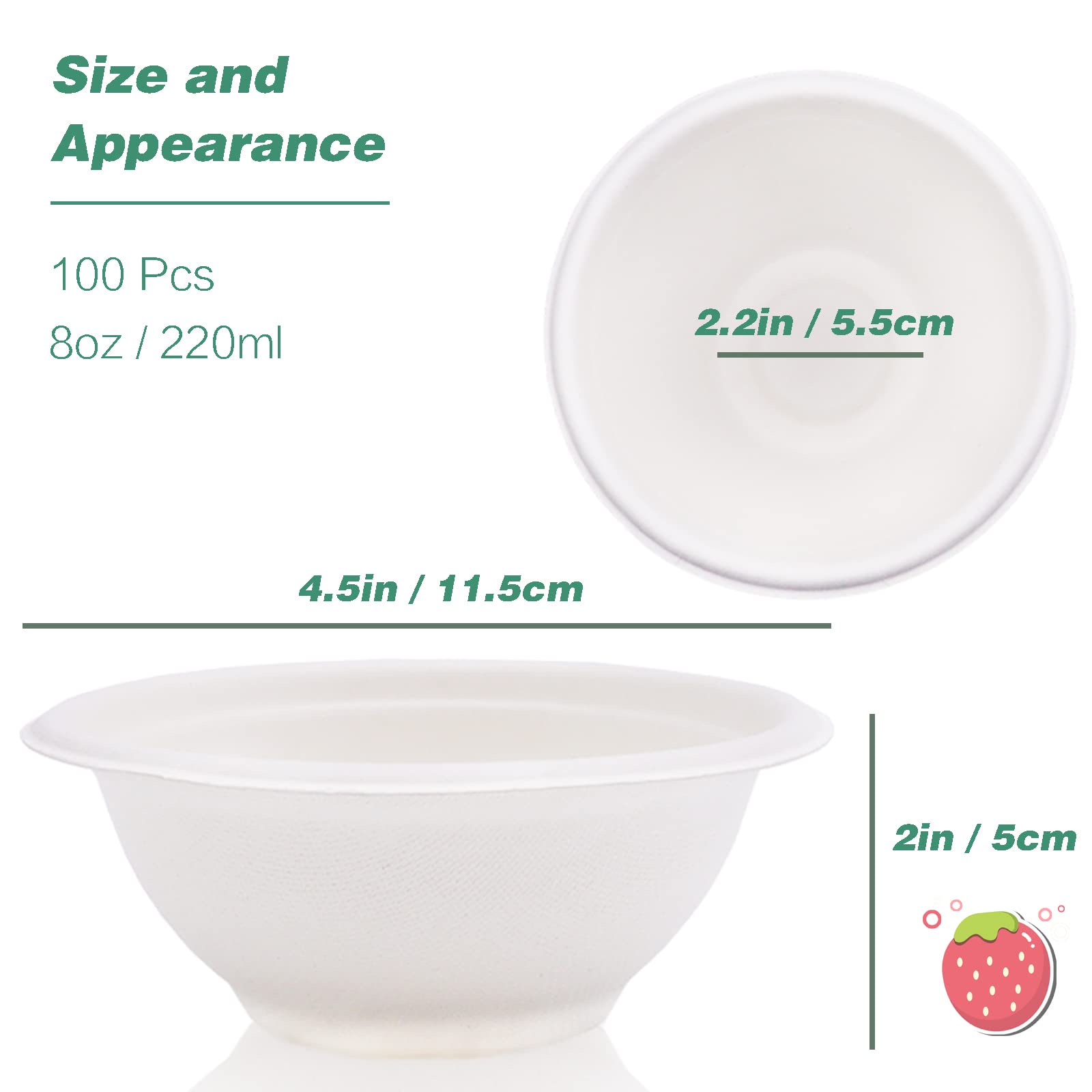 Hamiggaa 100 Pcs 8oz Disposable Paper Bowls - Natural Compostable White Heavy-Duty Bagasse for Parties, Catering and Everyday Use