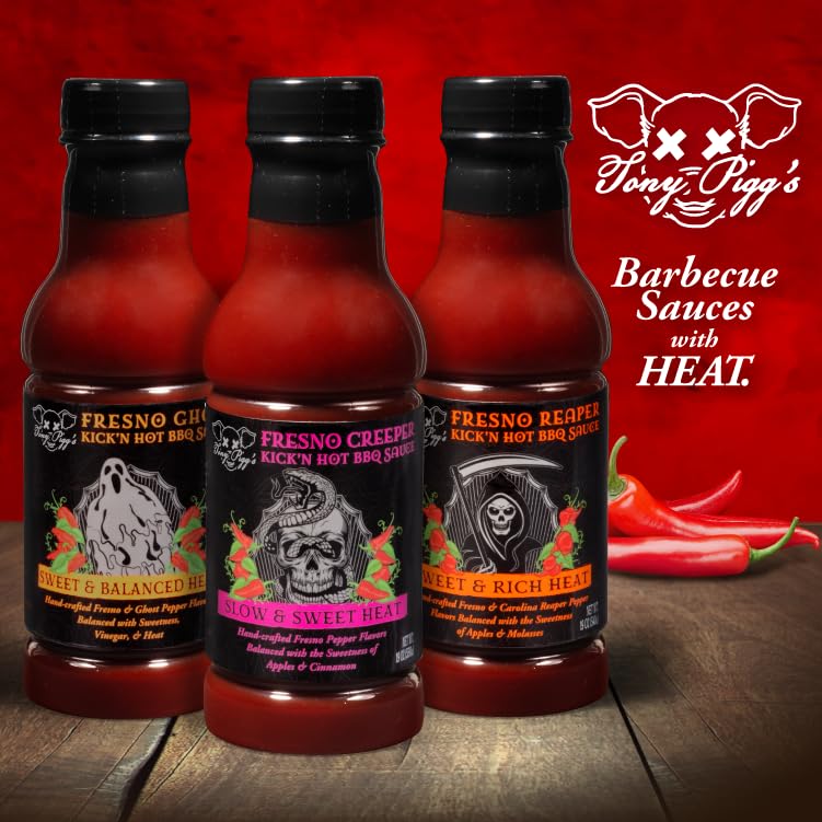 Tony Pigg's Kick'n Hot BBQ Sauce Gift Set (3pk, 19oz ea- Fresno Reaper, Ghost, Creeper)- Hand Crafted Barbecue Sauces w Fresh Pepper Heat- Great