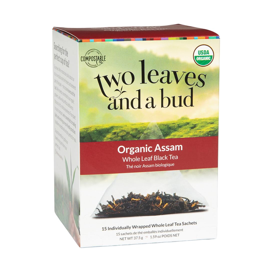 Two Leaves and a Bud Organic Assam Black Tea Bags, Whole Leaf Caffeinated Black Tea in Pyramid Sachets, 15 Count (Pack of 1)