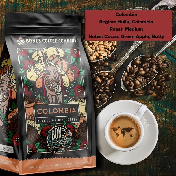 Bones Coffee Company Colombia Single-Origin Coffee, Almonds, Dried Fruit, Vanilla Notes, Flavored Ground Coffee, Medium Roast Low Acid Arabica Beans