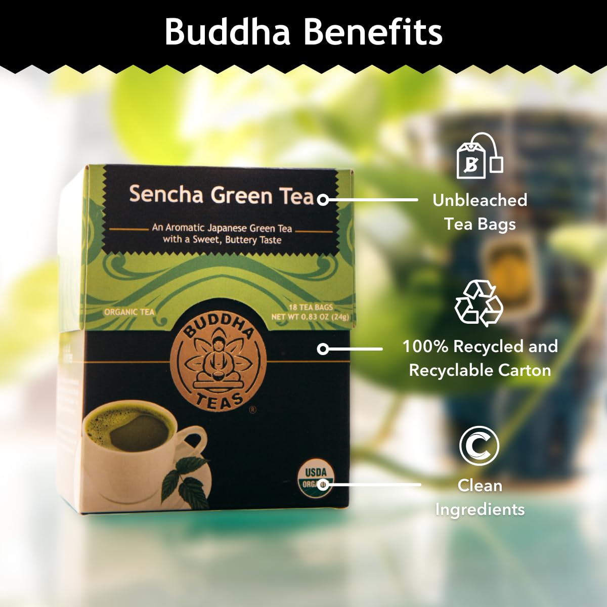 Buddha Teas - Organic Sencha Green Tea - For Health & Wellbeing - Japanese Green Tea - With Antioxidants & Minerals - Clean Ingredients - Caffeinated