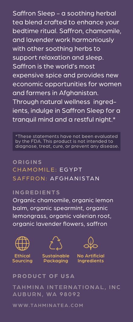 Tahmina Saffron Sleep Caffeine Free Tea: Soothing Chamomile and Lavender with Saffron, 12 Biodegradable Pyramid Tea Bags, Makes 36 Cups of Tea (1