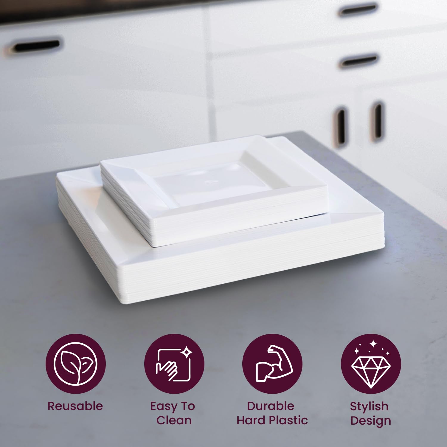 Aya's 60ct Square Plastic Disposable Plates, White - 9.5-Inch 30 Dinner and 6.5-Inch 30 Salad Plates for Party - Heavy-Duty Hard Plastic Design
