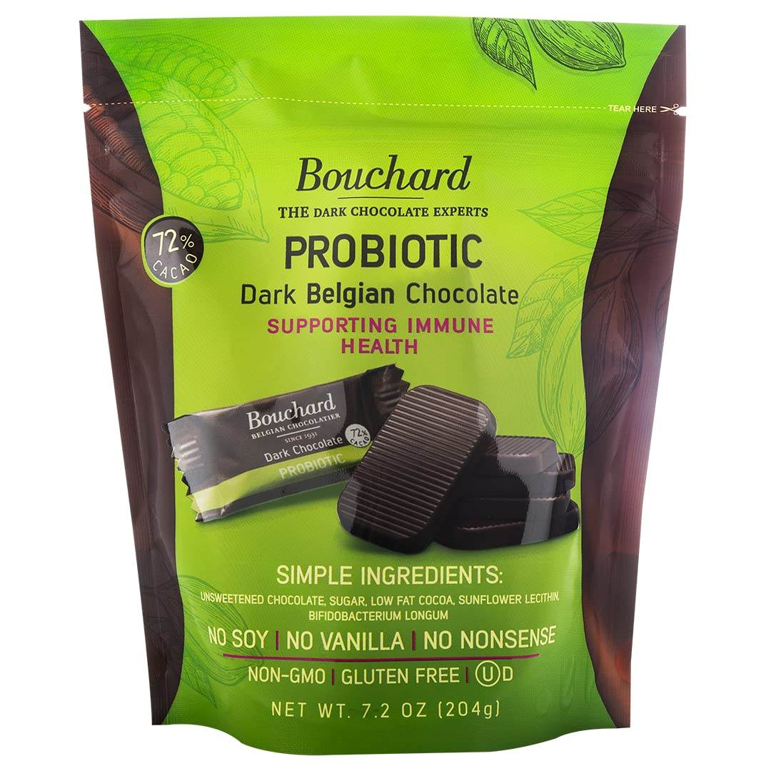 Bouchard Probiotic Dark Belgian Chocolate (72% Cacao) | Individually Wrapped in Resealable Bag | No Soy, No Vanilla, No Nonsense | Non-GMO, Gluten