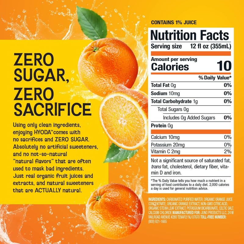 HYODA Orange Soda, Gluten Free and Vegan Sparkling Electrolyte Drink, Made with Organic Orange Juice, Celtic Salt, and Calcium, Keto, Zero Sugar