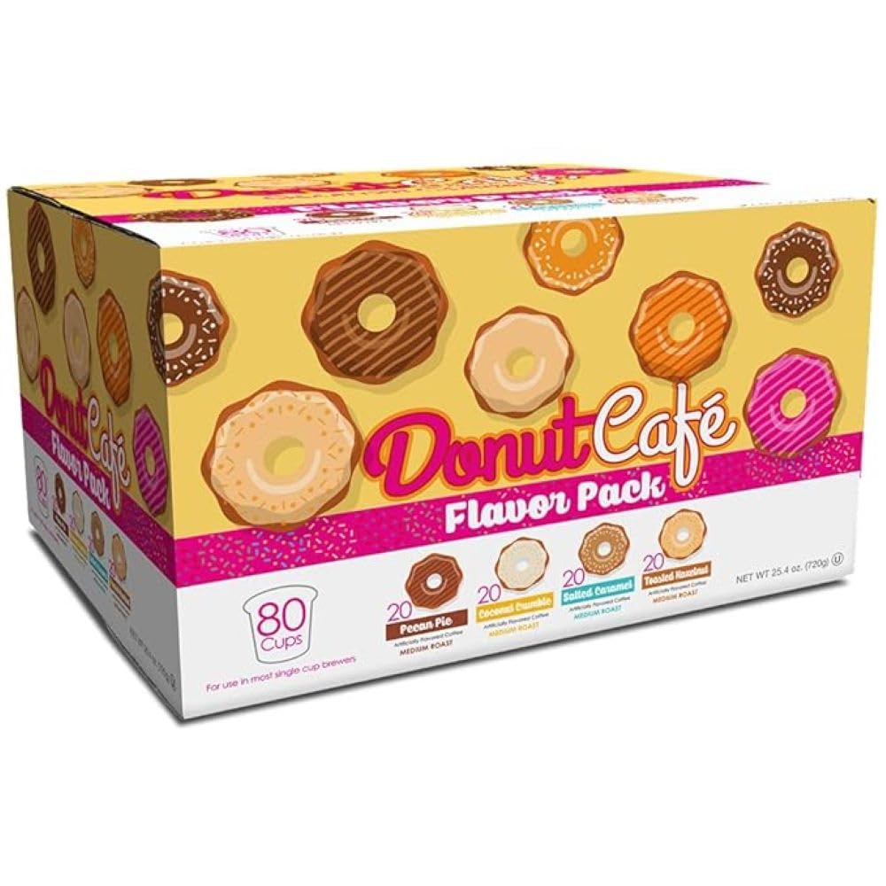 Donut Café - Gourmet Coffee Medium Roast Flavored Variety Pack - Pecan Pie, Coconut Crumble, Salted Caramel, Toasted Hazelnut - Single Serve Coffee