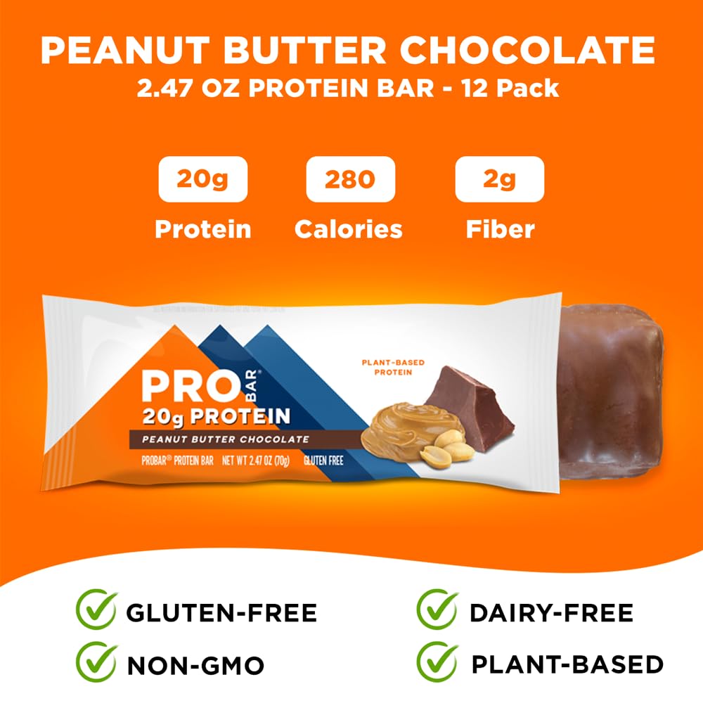 PROBAR - PROTEIN Bar, Peanut Butter Chocolate, Non-GMO, Gluten-Free, Healthy, Plant-Based, Whole-Food Ingredients, Natural Energy (12 Count)