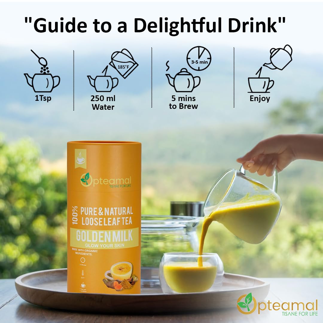 Opteamal Organic Golden Milk Loose Leaf Tea - Caffeine Free Loose Leaf Tea - Organic Golden Milk Tea with Pepper, Cardamom, Turmeric, Ginger, Clove