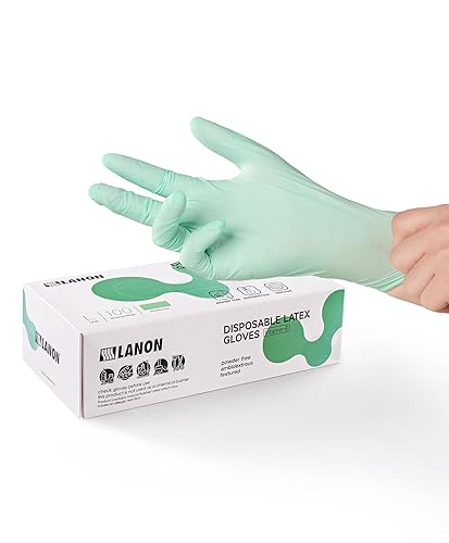 LANON 5 mil Vitamin-E Coated Latex Disposable Gloves, Food-Contact Grade, Fully Textured, Green, Medium