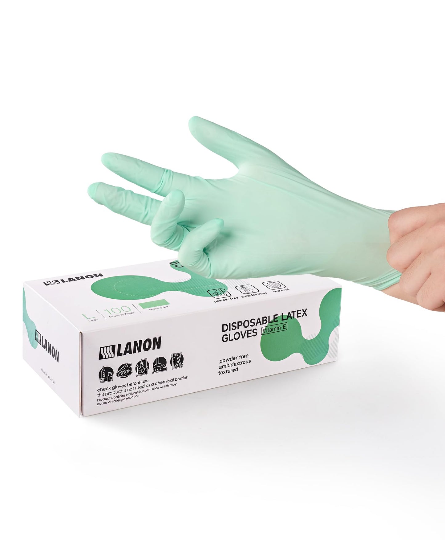 LANON 5 mil Vitamin-E Coated Latex Disposable Gloves, Food-Contact Grade, Fully Textured, Green, Small