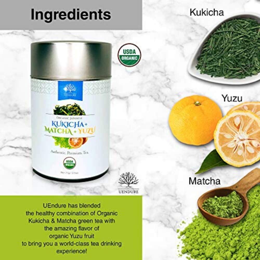 UEndure Japanese Green Tea USDA Certified Organic Kukicha with Matcha Infused with Yuzu, Perfect for Making Hot Tea or Iced Tea | Eco-Friendly Tin Can