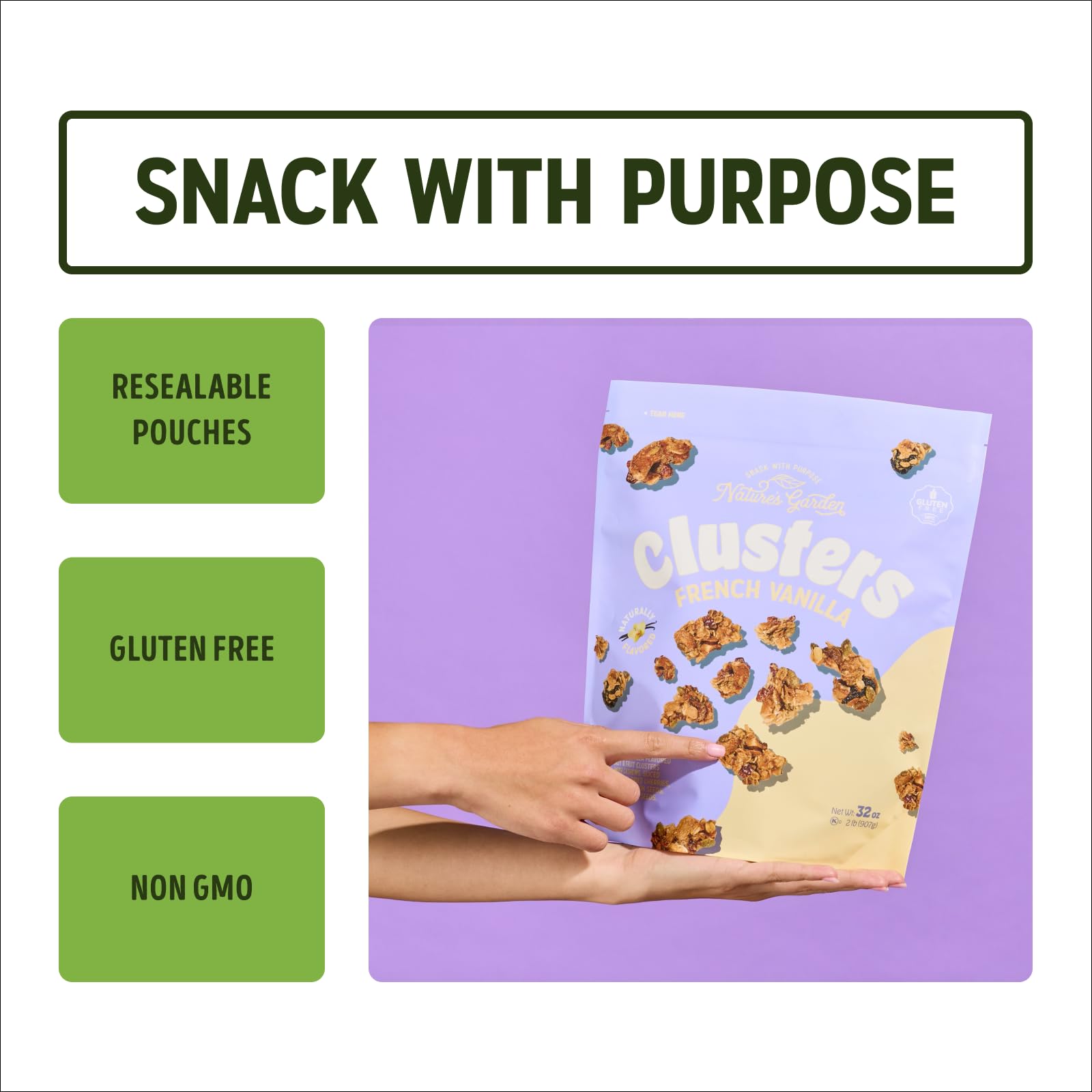 Nature’s Garden French Vanilla Clusters, 32oz Pouch - Chunky Nut, Seed & Cherry Snack Bites - Gluten-Free, Kosher, Nutrient-Dense Crunchy Treats