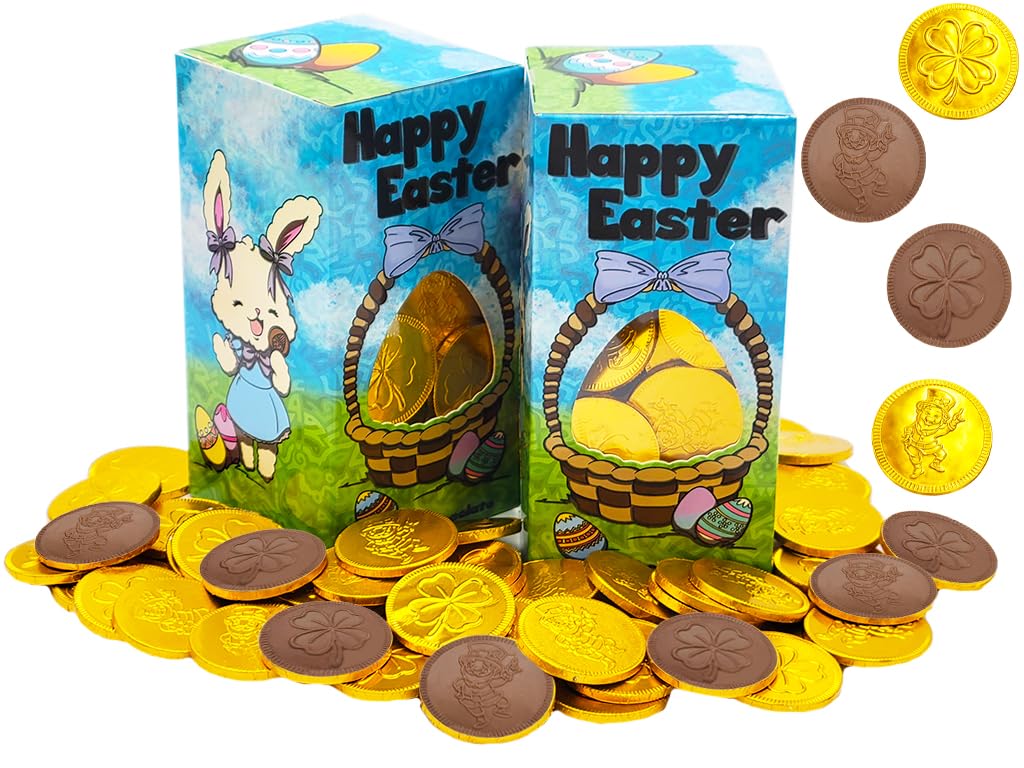 The Dreidel Company Happy Easter Belgian Milk Chocolate Gold Coins, Kosher Certified Dairy, Nut-Free, 1LB (2-Pack)