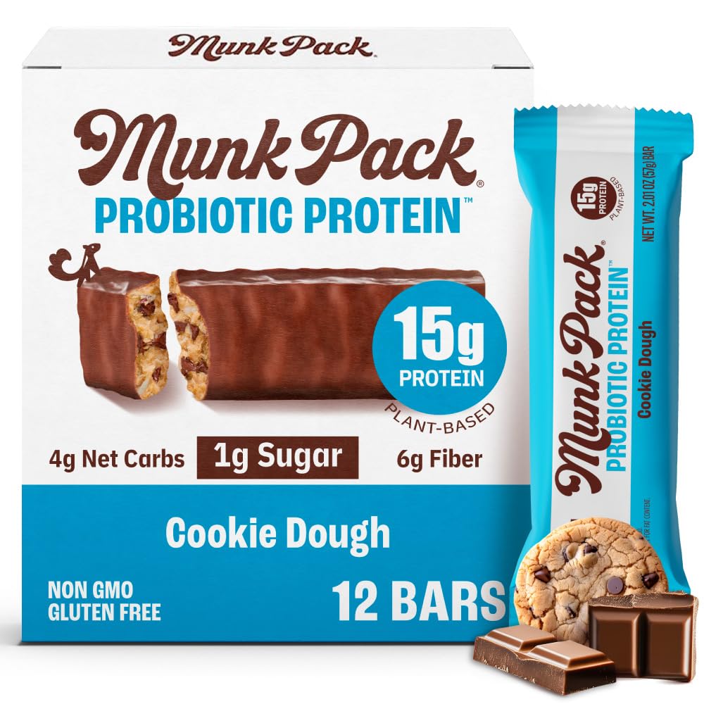 Munk Pack Cookie Dough Probiotic Keto Protein Bars | 15g Protein, 1g Sugar, 4g Net Carbs | Plant-Based, Low Sugar, Gut Health Snacks, Gluten-Free
