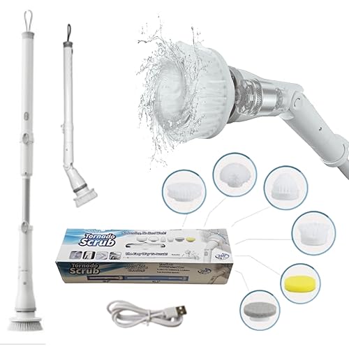 Greater Range Electric Spin Scrubber - Cordless Cleaning Head with 6 Replaceable Brushes - 90° Rotatable - Ideal for Floor, Window, Cars - Ivory White