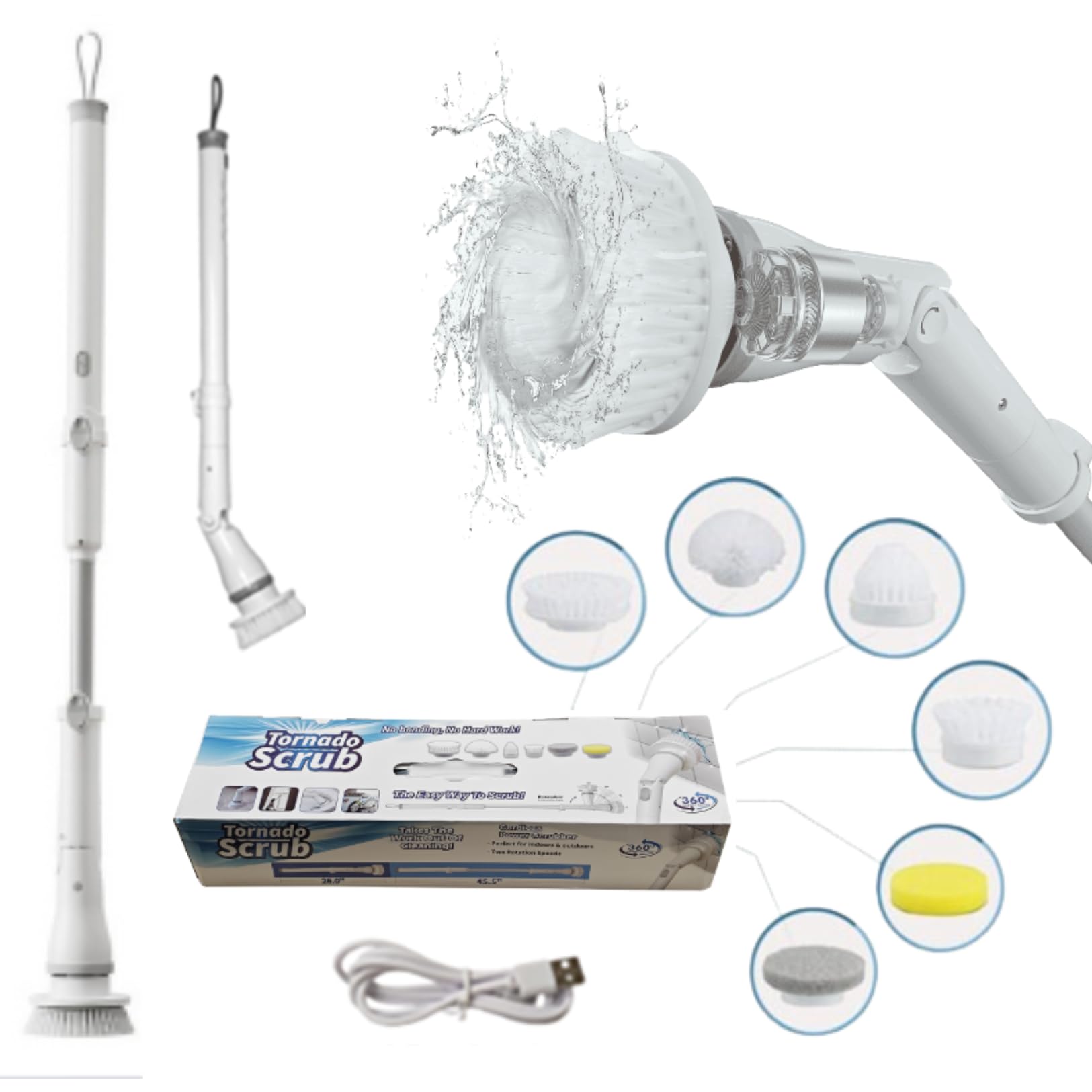 Greater Range Electric Spin Scrubber - Cordless Cleaning Head with 6 Replaceable Brushes - 90° Rotatable - Ideal for Floor, Window, Cars - Ivory White