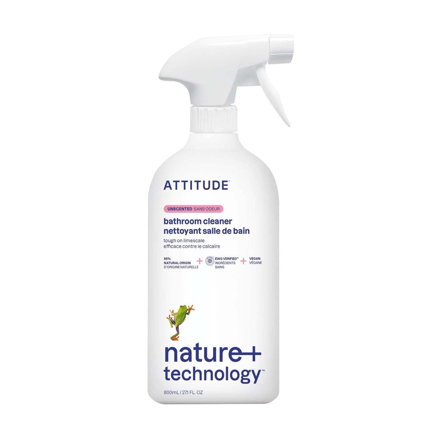 ATTITUDE Bathroom Cleaner Spray, EWG Verified, Plant-Based & Vegan, Safe for Bathroom Surfaces, Tiles, Tubs, Shower Walls, and Grout, Unscented, 27.1