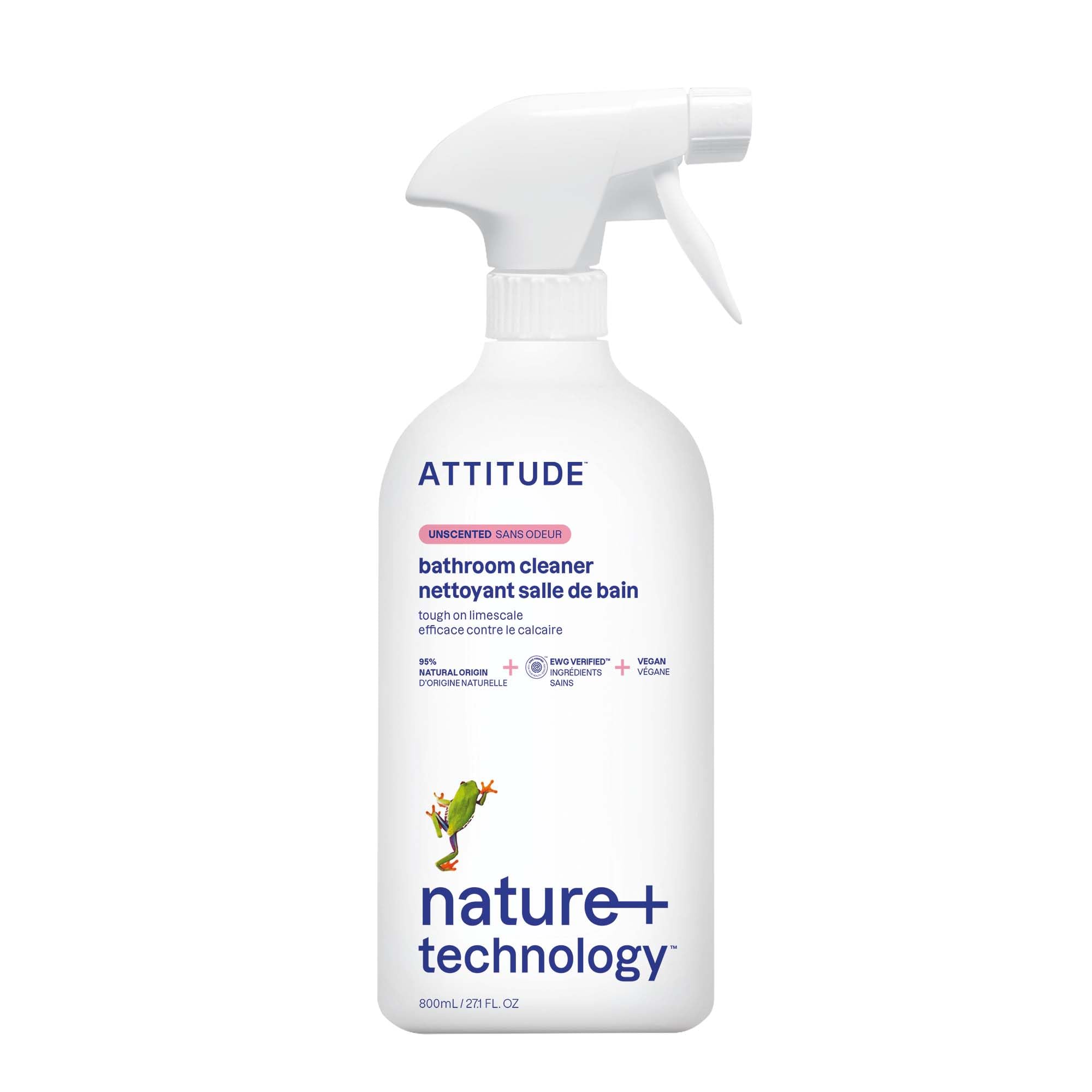 ATTITUDE Bathroom Cleaner Spray, EWG Verified, Plant-Based & Vegan, Safe for Bathroom Surfaces, Tiles, Tubs, Shower Walls, and Grout, Unscented, 27.1