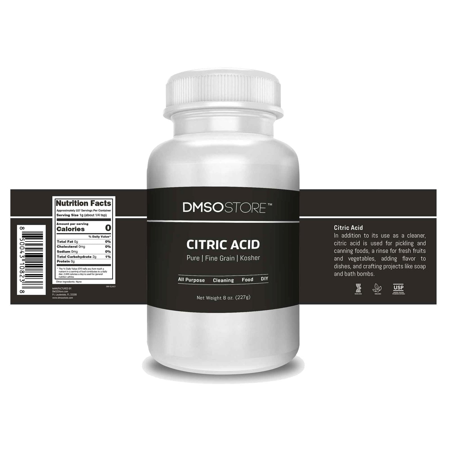 DMSOSTORE 8 oz Pure Citric Acid USP Food Grade, Anhydrous, Fine Grain Powder, Kosher, Non-GMO