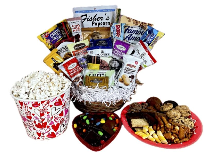 Valentine Day Gift Basket Hand-Crafted stuffed with chocolates, cookies, snacks, candies, Gifts for Women, Love, Families, Appreciation, Men, Thank