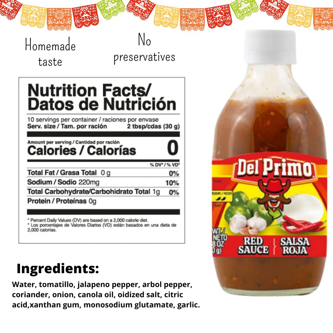 Del Primo Salsa Sauce 10.5oz Bottle (Pack of 6) Choose Flavor Below (Salsa Roja - Red Sauce)