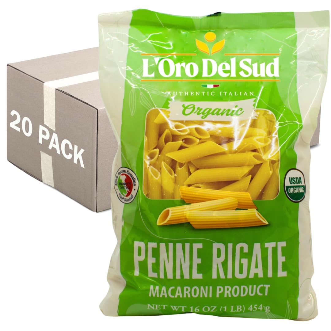 Organic Penne Rigate, 100% Durum Wheat, Italian Pasta, Premium Quality Product of Italy (20 pack x 16 Oz) Non GMO, Vegan, Kosher Certified by L'Oro
