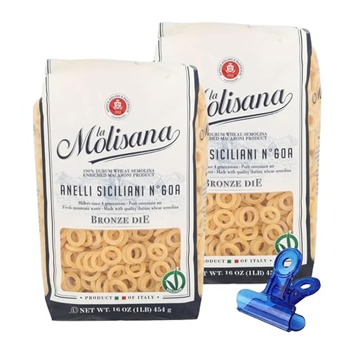 La Molisana Pasta Anelli Siciliani 16 oz (Pack of 2) - Italian Pasta - Pasta Shells with Food Bag Clamp - 3 Total Items