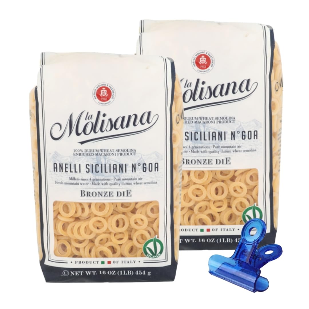 La Molisana Pasta Anelli Siciliani 16 oz (Pack of 2) - Italian Pasta - Pasta Shells with Food Bag Clamp - 3 Total Items