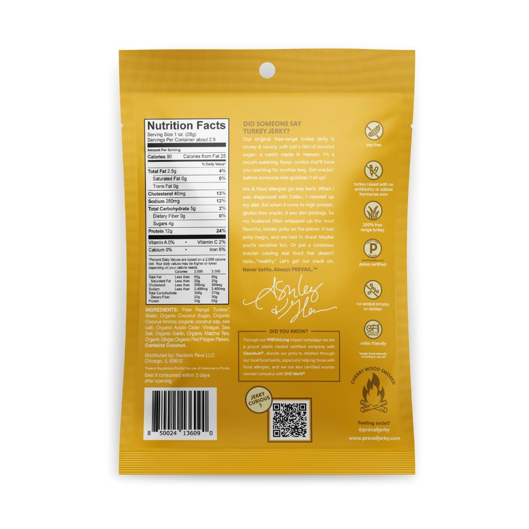 Free-Range Turkey Jerky, by PREVAIL - Low Sodium and Gluten Free! | Pack of (3) Bags | | Our Gourmet Jerky is Paleo Certified, Soy Free, Free