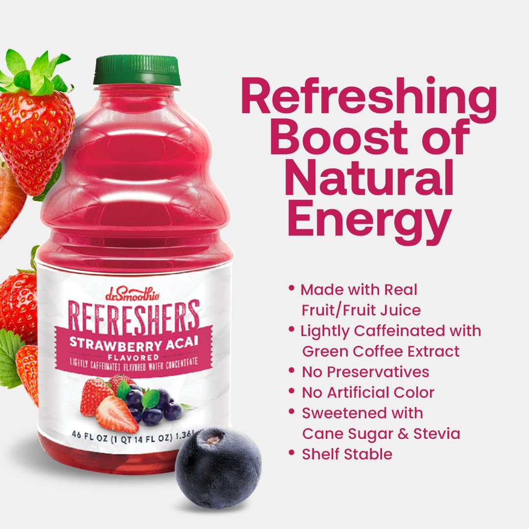 Dr. Smoothie Refreshers Strawberry Acai - Made with Real Fruit Juice - Drink Concentrate, No Artificial Colors, Shelf-Stable - Lightly Caffeinated