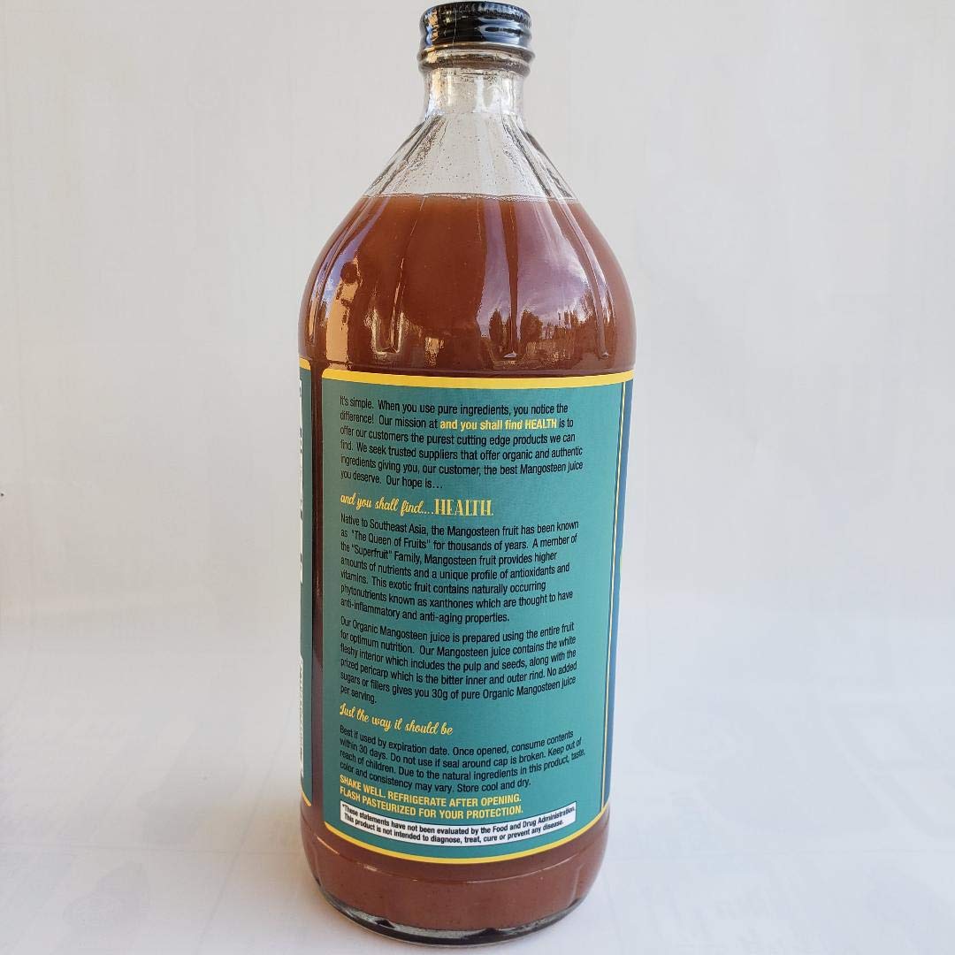 Organic Only MANGOSTEEN 100% Pure Juice 32oz (1qt) Xanthone, Pericarp, Vitamin & Antioxidant Rich Liquid Fruit Puree 30g of Whole Superfruit Per