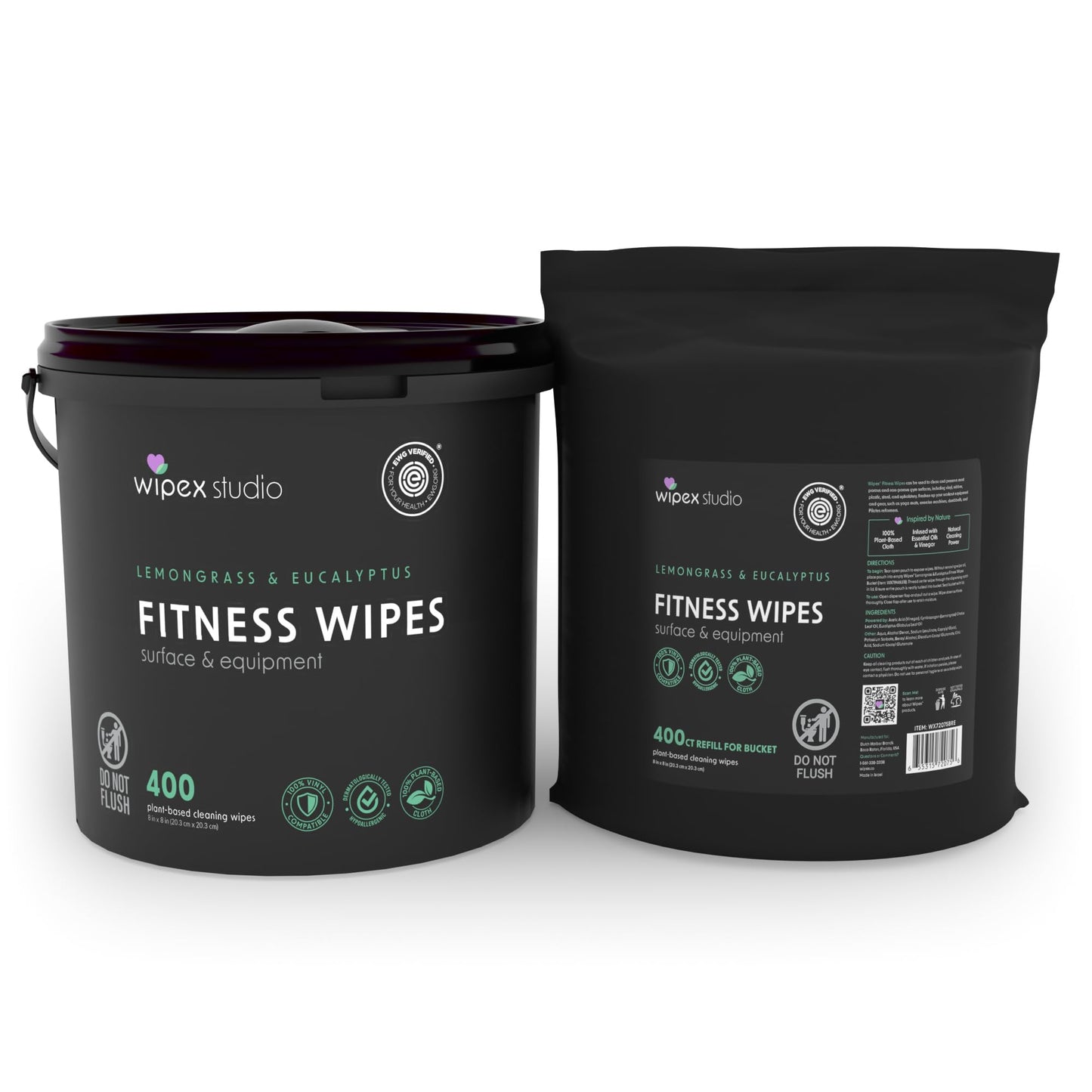 Wipex Gym Cleaning Wipes Bundle - EWG Verified - Get 800 Wipes with (1) Lemongrass & Eucalyptus Bucket & (1) Refill Roll, Plant-Based Fitness