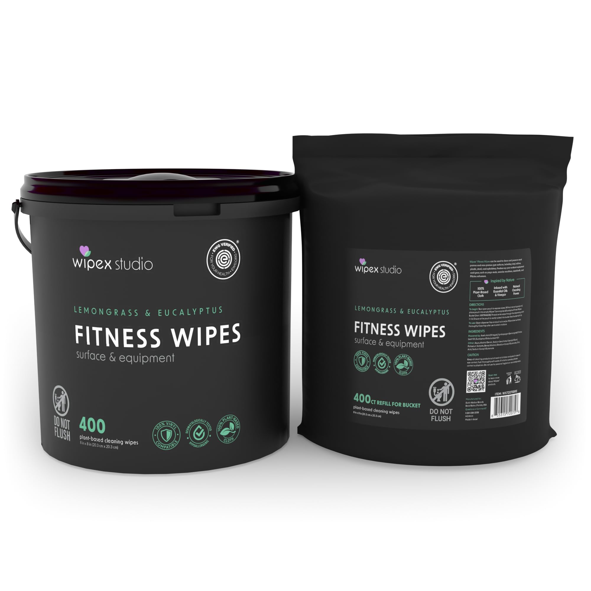 Wipex Gym Cleaning Wipes Bundle - EWG Verified - Get 800 Wipes with (1) Lemongrass & Eucalyptus Bucket & (1) Refill Roll, Plant-Based Fitness