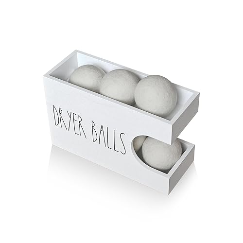 Dryer Ball Holder for Laundry Room, Dryer Balls Container Wall Mount, Wood Dryer Balls Storage Organizer, Wool Dryer Ball Dispenser Basket (White)