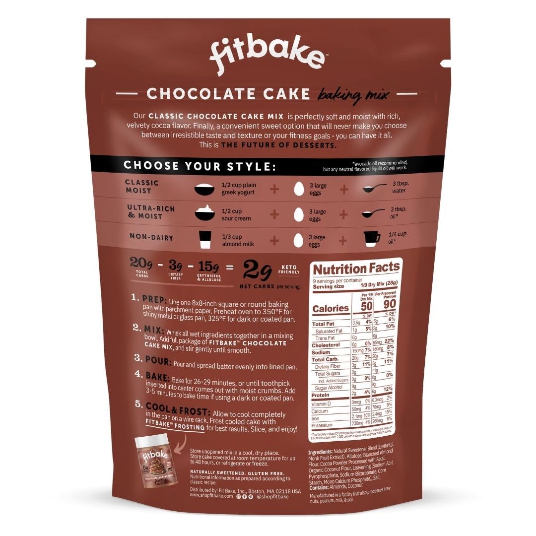 FitBake Keto Low Carb Chocolate Cake Baking Mix | 2g Net Carbs Per Serving | No Added Sugar | Zero Sugar & Gluten Free Desserts, Naturally Sweetened Keto Snack 8.75oz