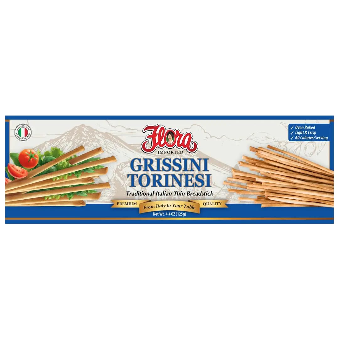 Flora Grissini Torinesi - Traditional Italian Thin Breadsticks, Oven-Baked & Lightly Crisp - Authentic Imported Snack, Perfect for Pairing