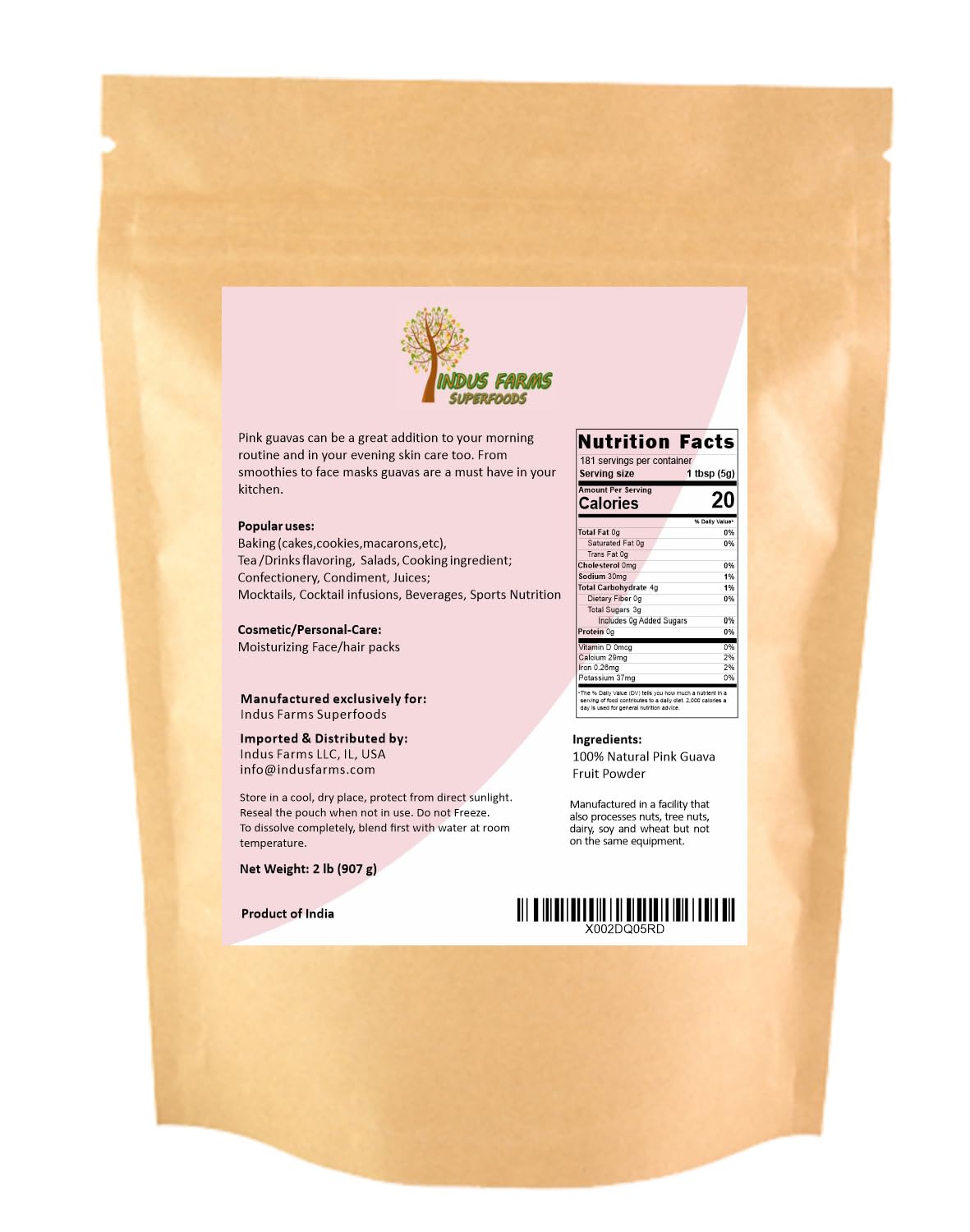 Indus Farms Pink Guava Fruit Powder - Natural Flavoring for Baking, Smoothies, Cookies, Macarons & Drinks | GMO-Free, Vegan, No Refined Sugars | 2 LB